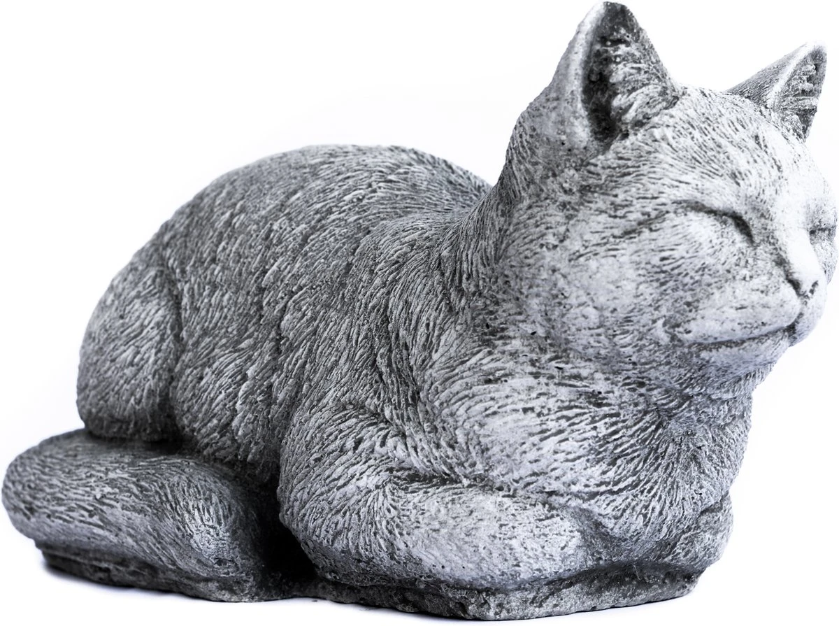 Tuinbeeld Poes Liggend (Wit/Gepattineerd) - Decoratie Voor Binnen/buiten - Beton - Afbeelding 2