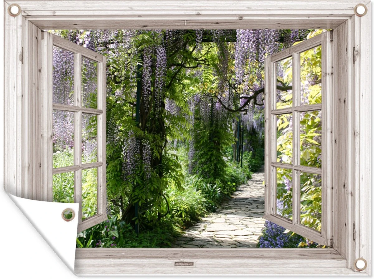 Tuinposter Blauwe Regen - Bloemen - Doorkijk - Boom - Lente - 160x120 Cm - Tuindoek