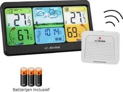 Airvital Weerstation Voor Binnen En Buiten - Draadloos - Oplaadbare Buitensensor Met 60m Bereik - Weersvoorspelling - Binnen En Buitentemperatuur - Barometer
