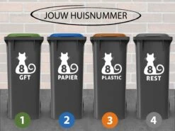 Container Stickers - Voordeelset 4 Stuks - 15x20 Cm - Container / Kliko Sticker Huisnummer - Afvalcontainer Sticker - Klikosticker - Kat / Poes Met Huisnummer En Tekst: Plastic, Papier, GFT En Restafval