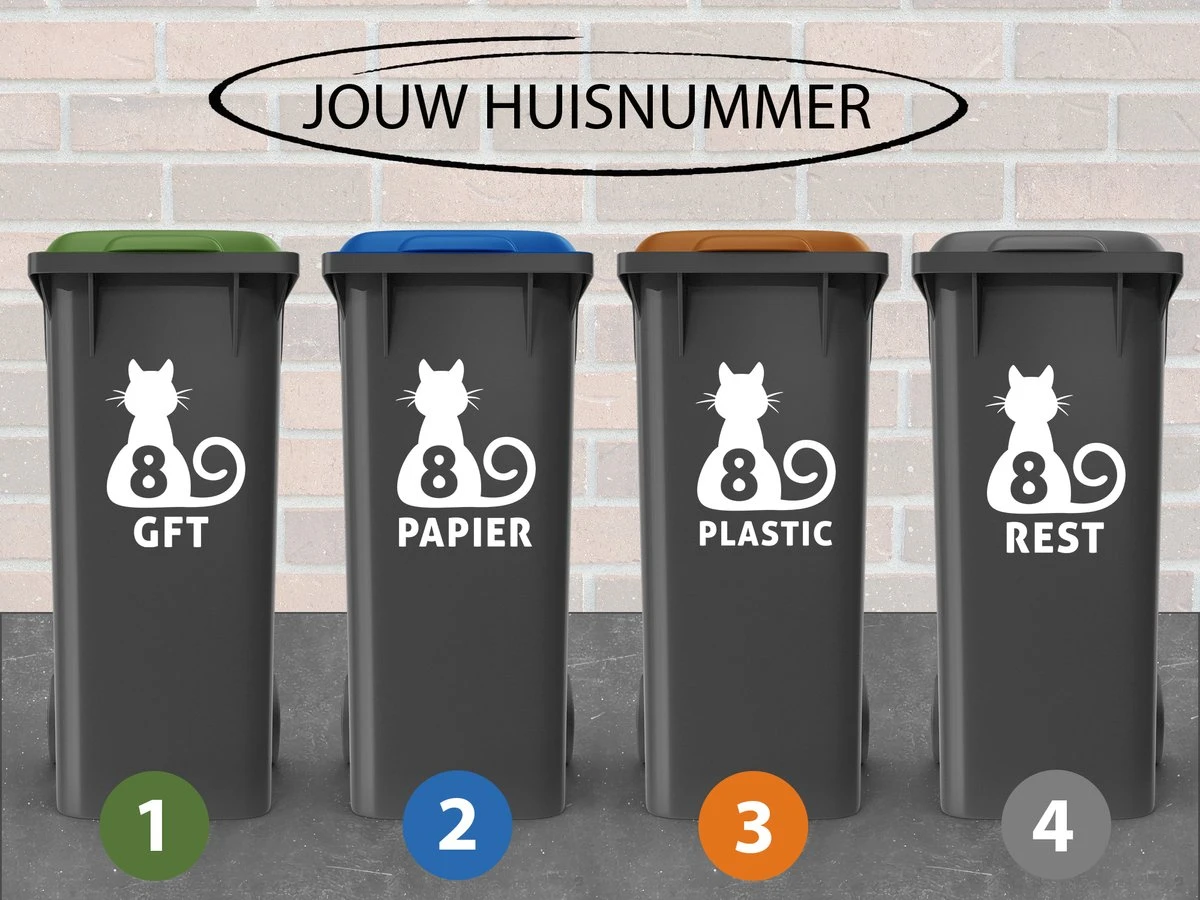 Container Stickers - Voordeelset 4 Stuks - 15x20 Cm - Container / Kliko Sticker Huisnummer - Afvalcontainer Sticker - Klikosticker - Kat / Poes Met Huisnummer En Tekst: Plastic, Papier, GFT En Restafval