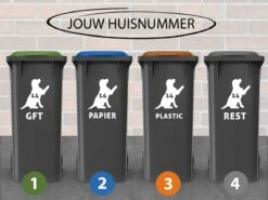 Container Stickers - Voordeelset 4 Stuks - 15x20 Cm - Container / Kliko Sticker Huisnummer - Afvalcontainer Sticker - Klikosticker - Hond Met Huisnummer En Tekst: Plastic, Papier, GFT En Restafval