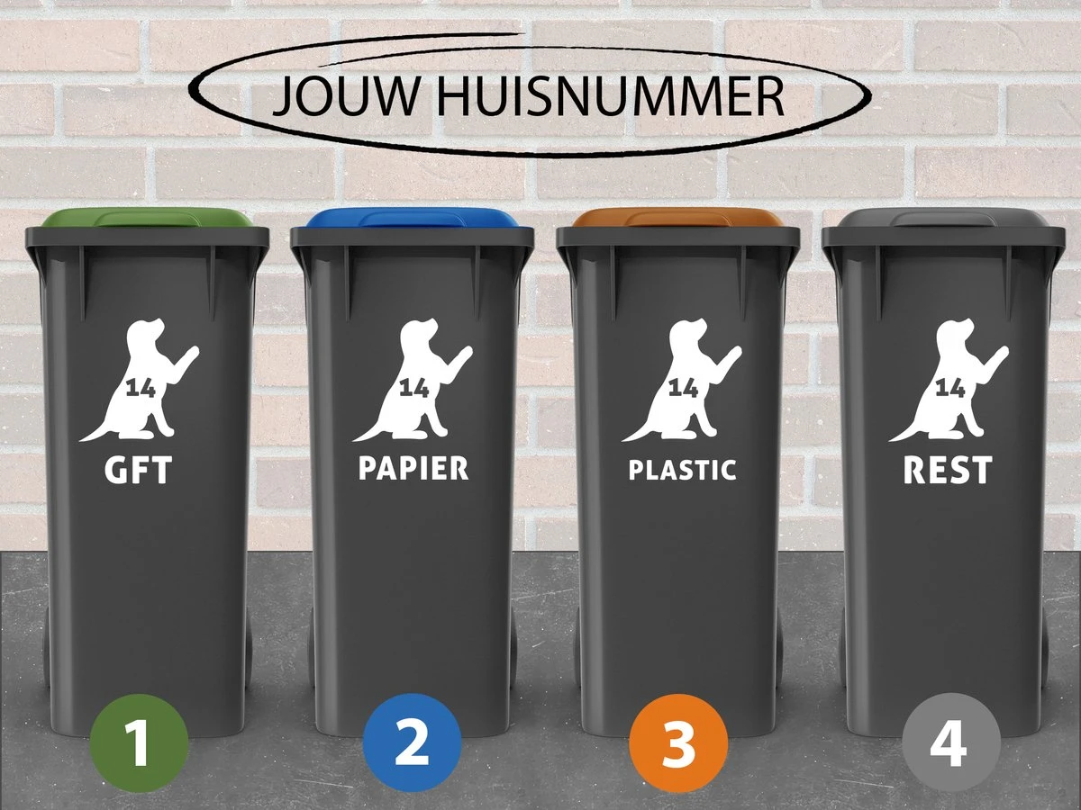Container Stickers - Voordeelset 4 Stuks - 15x20 Cm - Container / Kliko Sticker Huisnummer - Afvalcontainer Sticker - Klikosticker - Hond Met Huisnummer En Tekst: Plastic, Papier, GFT En Restafval