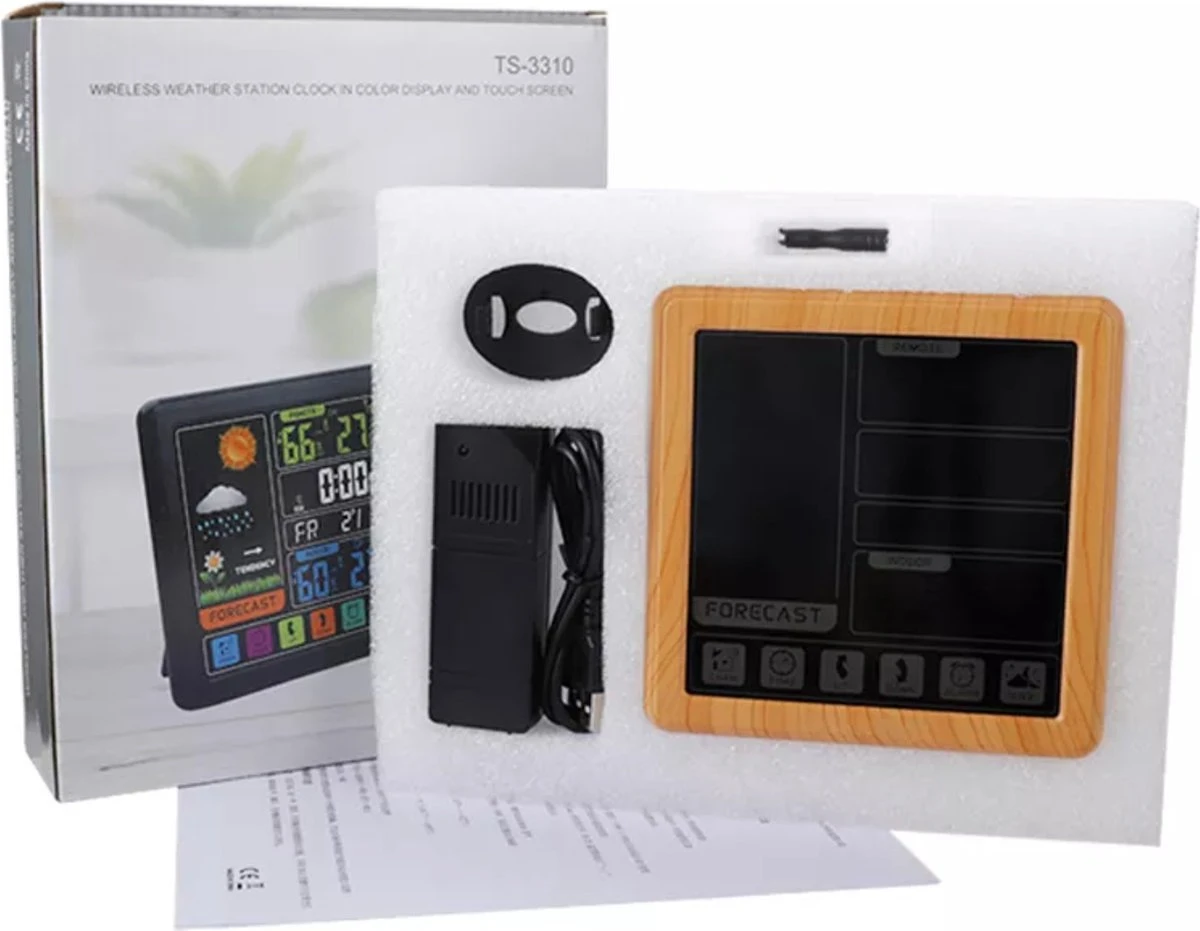 Diamond Weather Weerstation - Draadloos - Binnen En Buiten - Met Sensor Voor Buiten - 100M Bereik - Touchscreen - Met Usb-lader Voor Opladen- Houtskleur - Afbeelding 2