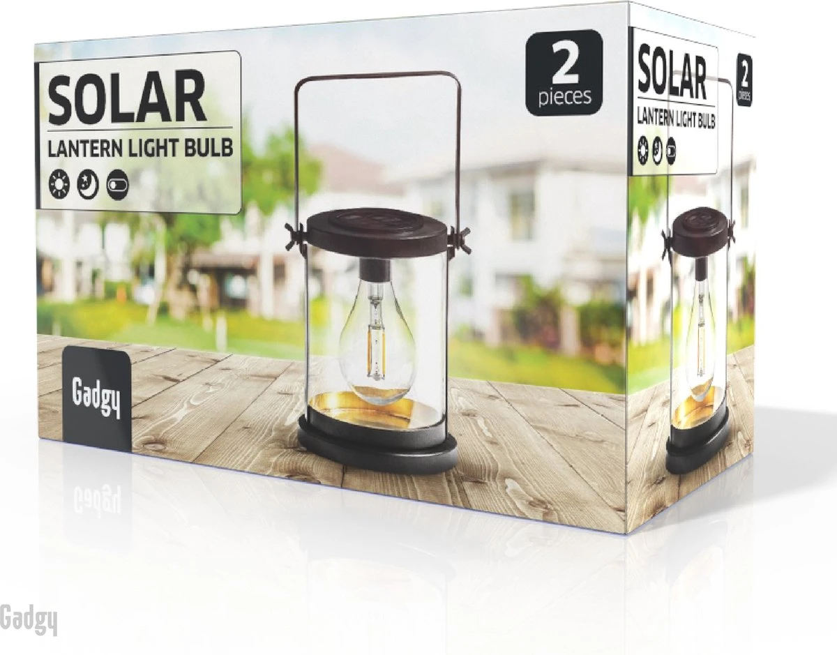 Gadgy Solar Lantaarn Glas Met Led Gloeilamp - Tafellamp Set Van 2 - Solar Tuinverlichting Op Zonneenergie - Led Buitenverlichting Met Dag/Nacht Sensor - Tuinlantaarn - 16.5x14.5CM - Afbeelding 9