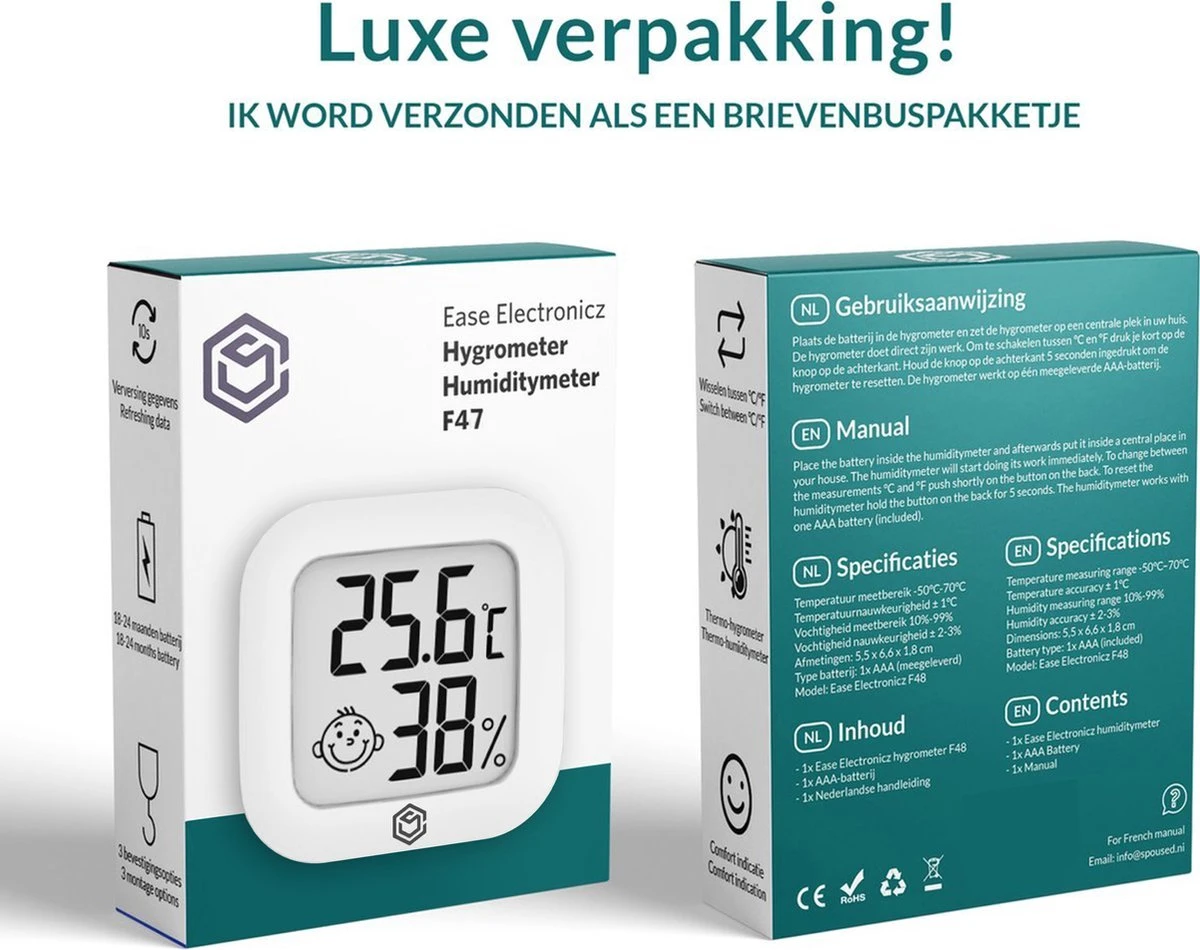 Ease Electronicz Hygrometer - Weerstation - Luchtvochtigheidsmeter - Thermometer Voor Binnen - Incl. Batterij En Plakstrip - Afbeelding 9