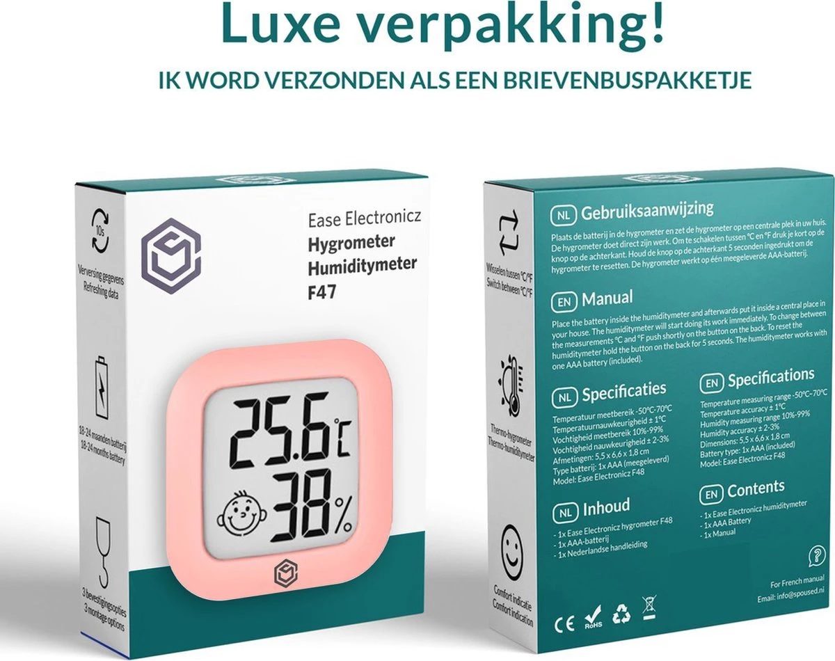 Ease Electronicz Hygrometer - Weerstation - Luchtvochtigheidsmeter - Thermometer Voor Binnen - Incl. Batterij En Plakstrip - Afbeelding 9
