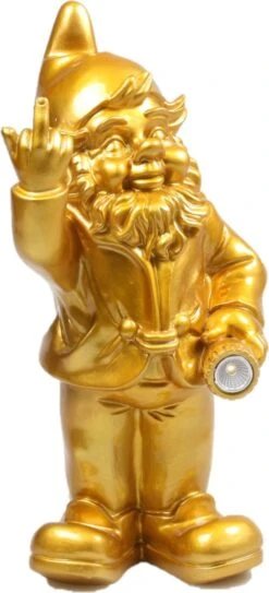 Tuinkabouter Goud Middelvinger Met Solar Verlichting 31 Cm - Tuindecoratie Kabouter - Tuinbeeld