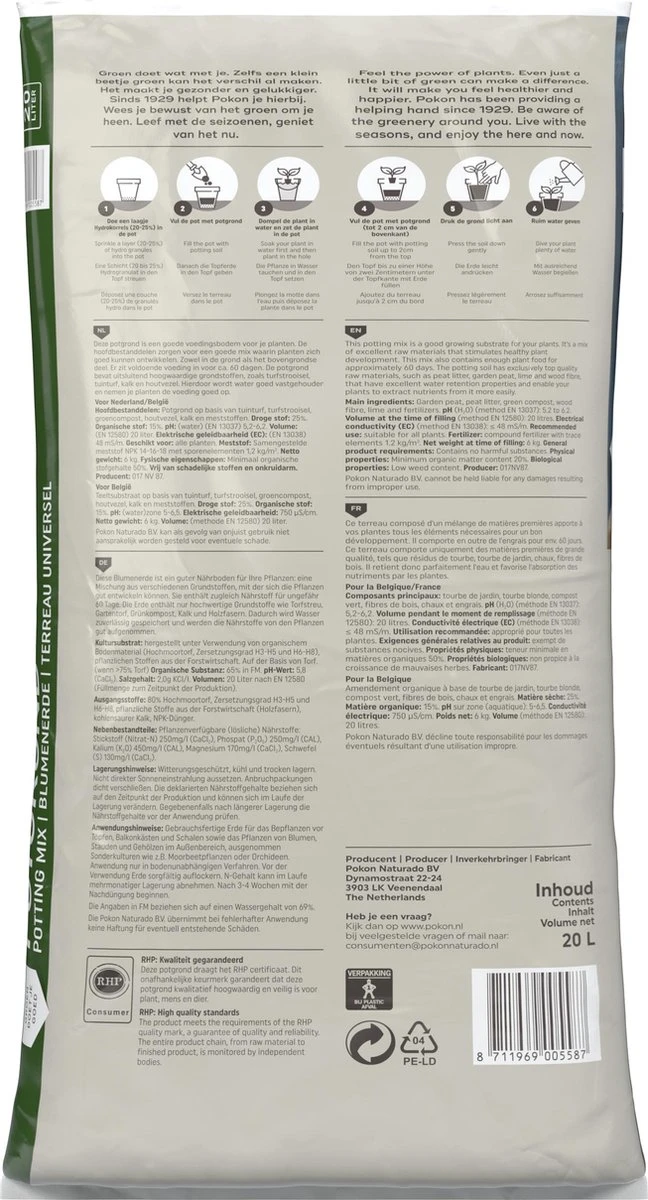 Pokon Universele Potgrond - 20l - Voor Binnen En Buiten - 60 Dagen Voeding - Potgrond Universeel - Afbeelding 5
