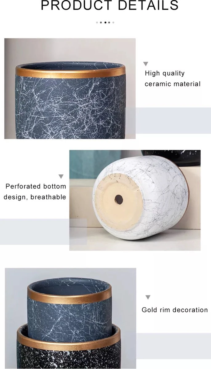 Bloempotten Binnen - Keramiek - Gouden Rand - Bloempot Buiten - Afvoergat 24 Cm - Wit Zwart – Groot - Afbeelding 3