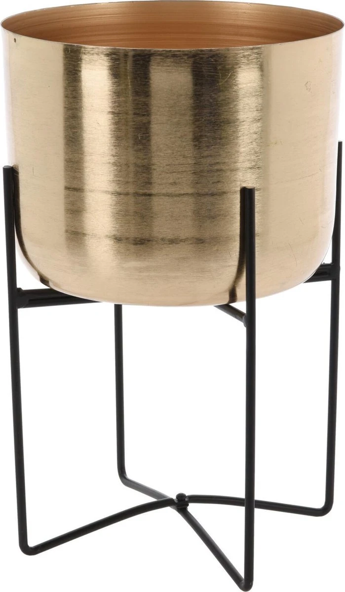 Merkloos Luxe Plantenpot/bloempot Goud Van 22 X 22 Cm Op Een Zwarte Metalen Standaard Met Een Hoogte Van 36 Cm