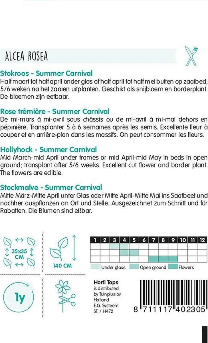 Hortitops Zaden - Althaea Rosea Summer Carnival - Stokroos - Afbeelding 2