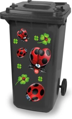 Stickervel Lieveheersbeestjes & Klavertjes Vier, Fraai Sticker Vel Met Grappige Lieveheersbeestjes En Voor Het Broodnodige Geluk Klavertjes Vier. CoverArt Kliko Container Stickers. Lieveheersbeestjes, Klaver, Klaver Vier, Klavertjevier.