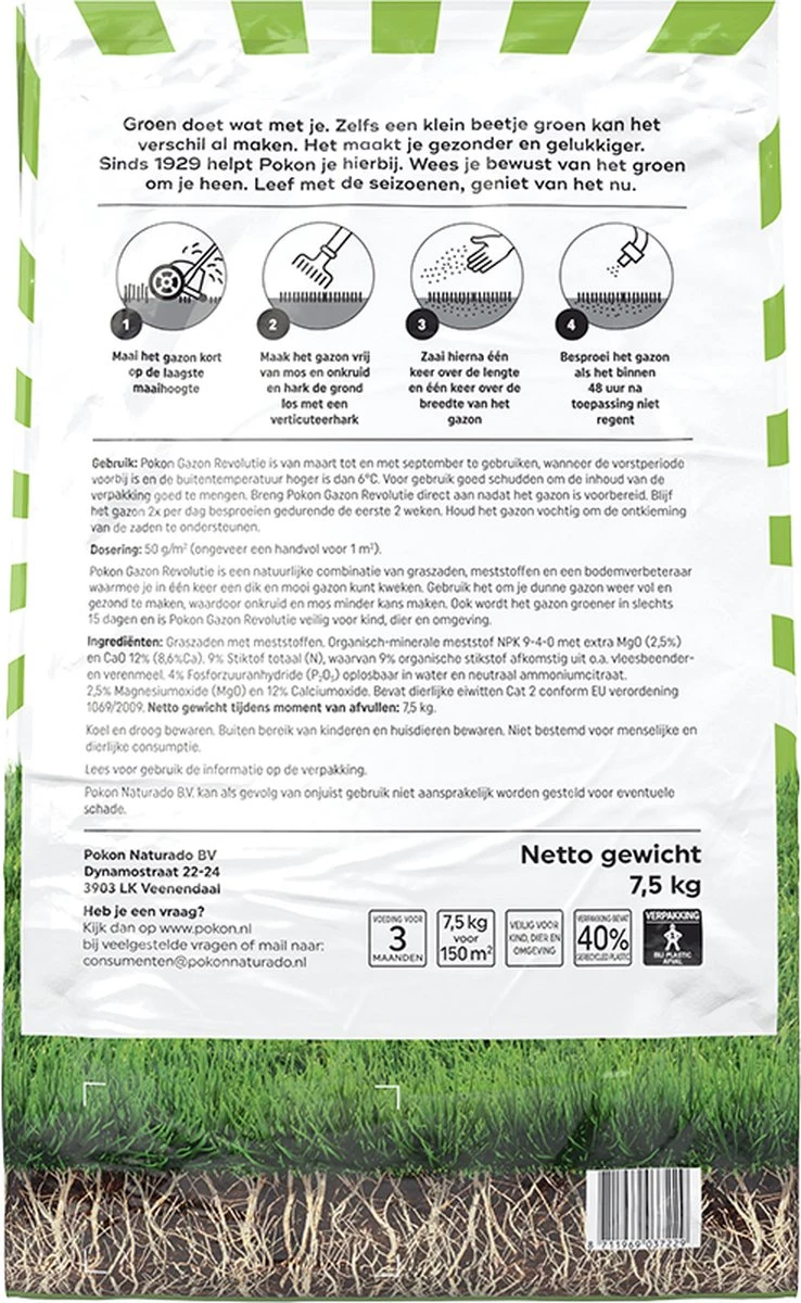 Pokon Gazon Revolutie - 7,5kg - Gazonmest / Graszaad / Bodemverbeteraar - Geschikt Voor 150m² - Binnen 15 Dagen Resultaat - Afbeelding 2