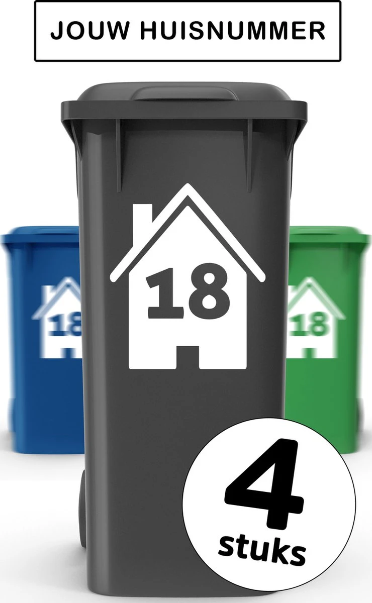 Container Stickers - Voordeelset 4 Stuks - 15x20 Cm - Container / Kliko Sticker Huisnummer - Afvalcontainer Sticker - Klikosticker - Wit - Huis Met Nummer