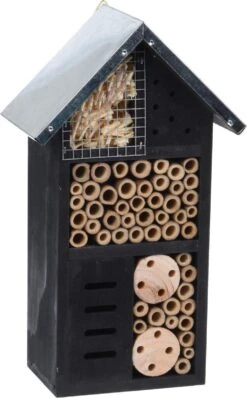 Merkloos Vlinderhuis/bijenhuis/wespenhotel Voor Insecten 26 Cm Zwart Met Metalen Dak - Tuindecoratie - Diervriendelijk - Lieveheersbeestjehuis