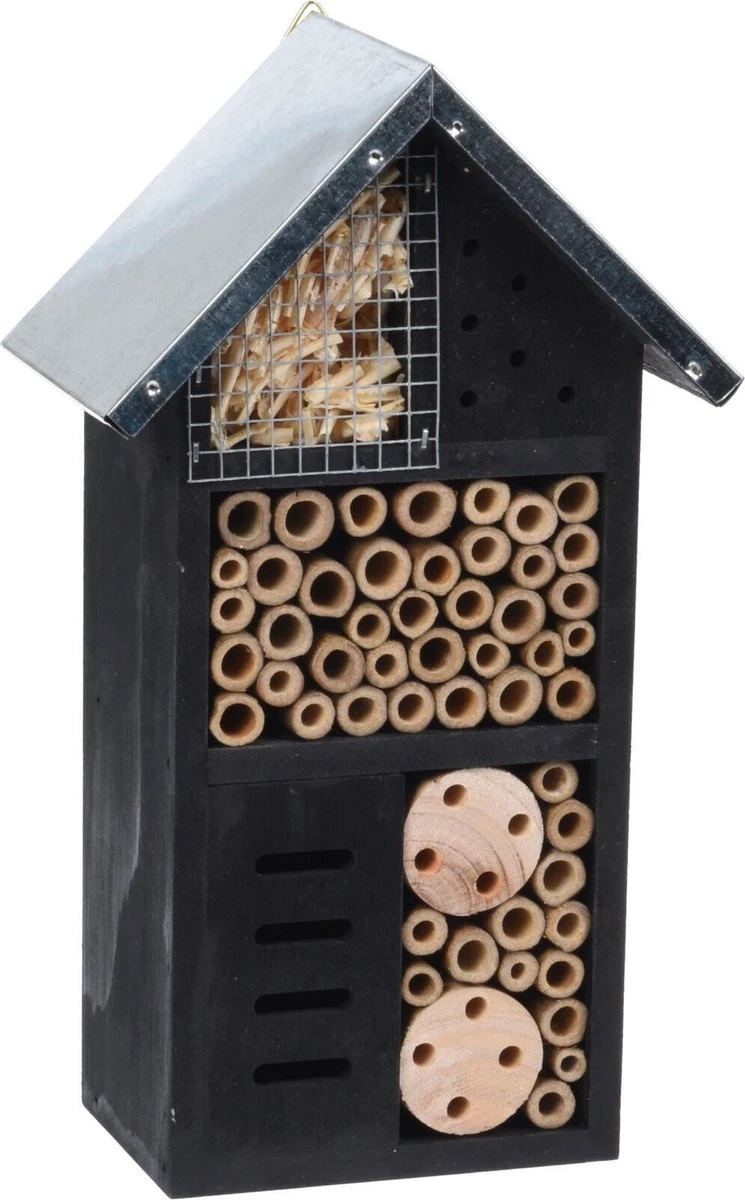 Merkloos Vlinderhuis/bijenhuis/wespenhotel Voor Insecten 26 Cm Zwart Met Metalen Dak - Tuindecoratie - Diervriendelijk - Lieveheersbeestjehuis