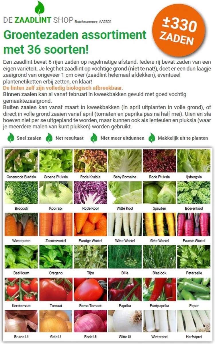 Groentezaden Assortiment 36 Soorten (sla, Kolen, Wortels, Kruiden, Tomaten, Paprika, Uien, Prei) Zaadlint - Afbeelding 3