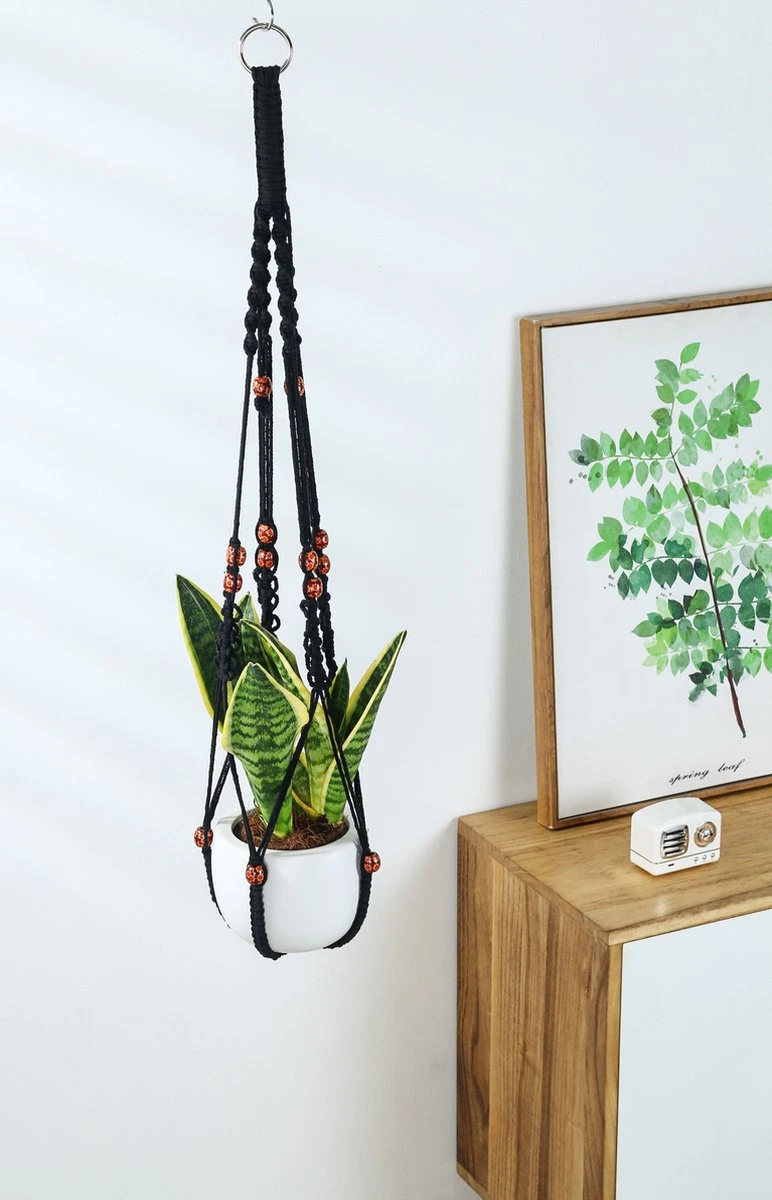 4 Stuks Zwarte Macrame Plantenhangers - Boho Handgeweven Katoen Hangpot Voor Binnen/Buiten - Hangende Bloempot Met Kralen - Macramé Touw/Koord Hangplant Houder - Bohemian Wandhanger Decoratie - Plant Hanger - Verticale Tuin Bloempothouder Planthanger - Afbeelding 6