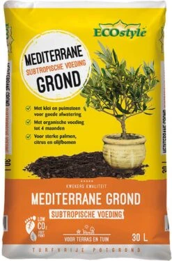 ECOstyle Mediterrane Grond Turfvrije Potgrond Voor Palmen, Citrussen- En Olijfbomen- Subtropische Voeding - Klei & Puimsteen - Terras & Tuin - 30 L
