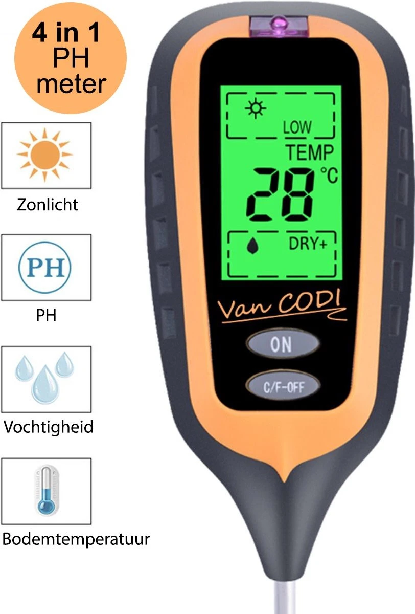 Van CODI® - PH Meter 4 In 1 - Grondmeter - Temperatuurmeter - Lichtmeter - Vochtmeter - Zuurtegraad - Planten - Tuin - Digitaal - Buitenthermometer - PH Meter