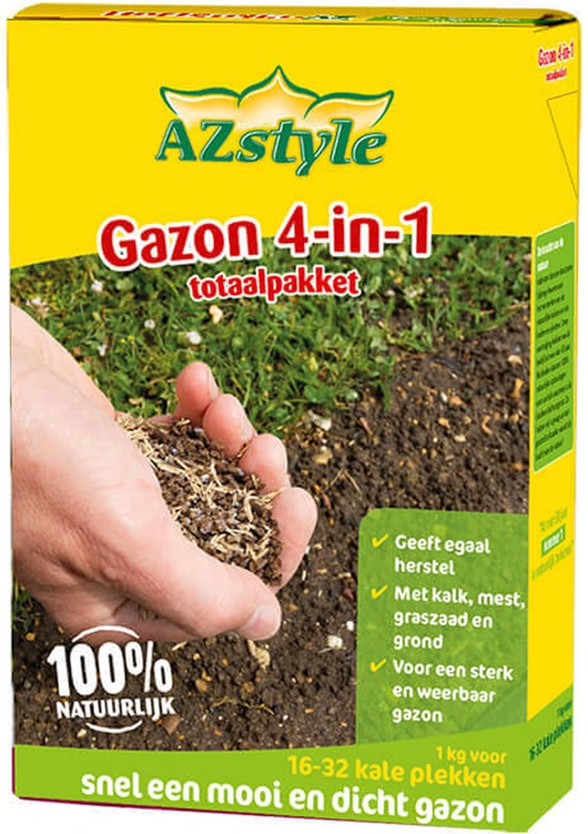 ECOstyle Gazon 4-in-1 Totaalpakket Met Kalk, Mest, Graszaad & Grond In Een Doos - Geeft Kale Plekken In Gras Egaal Herstel - 5- 10 Kale Plekken - 1 KG