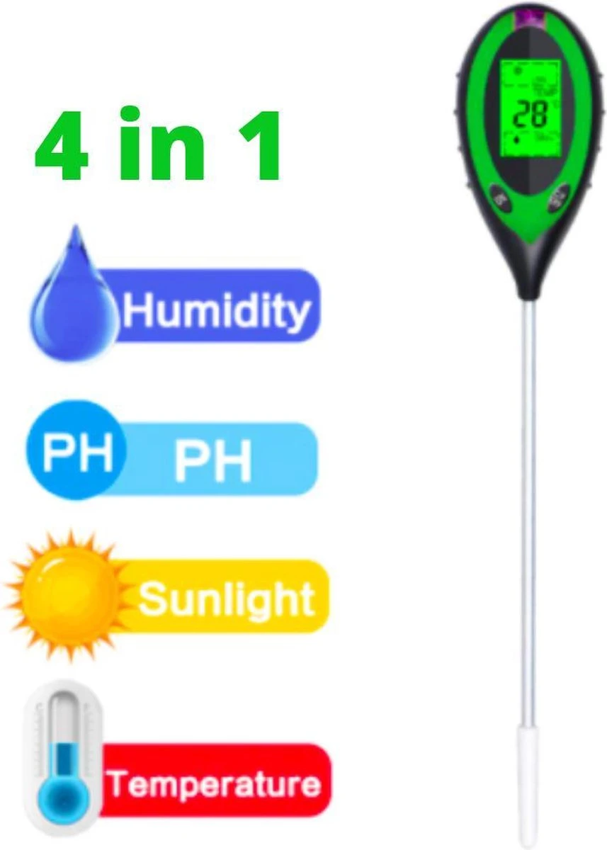 Vochtmeter Planten - 4 In 1 - Vochtmeter - Watermeter - PH-meter - Vochtigheidsmeter Planten - Grondmeter - Watermeter Voor Kamerplanten- Groen - Incl. Batterij - Afbeelding 3