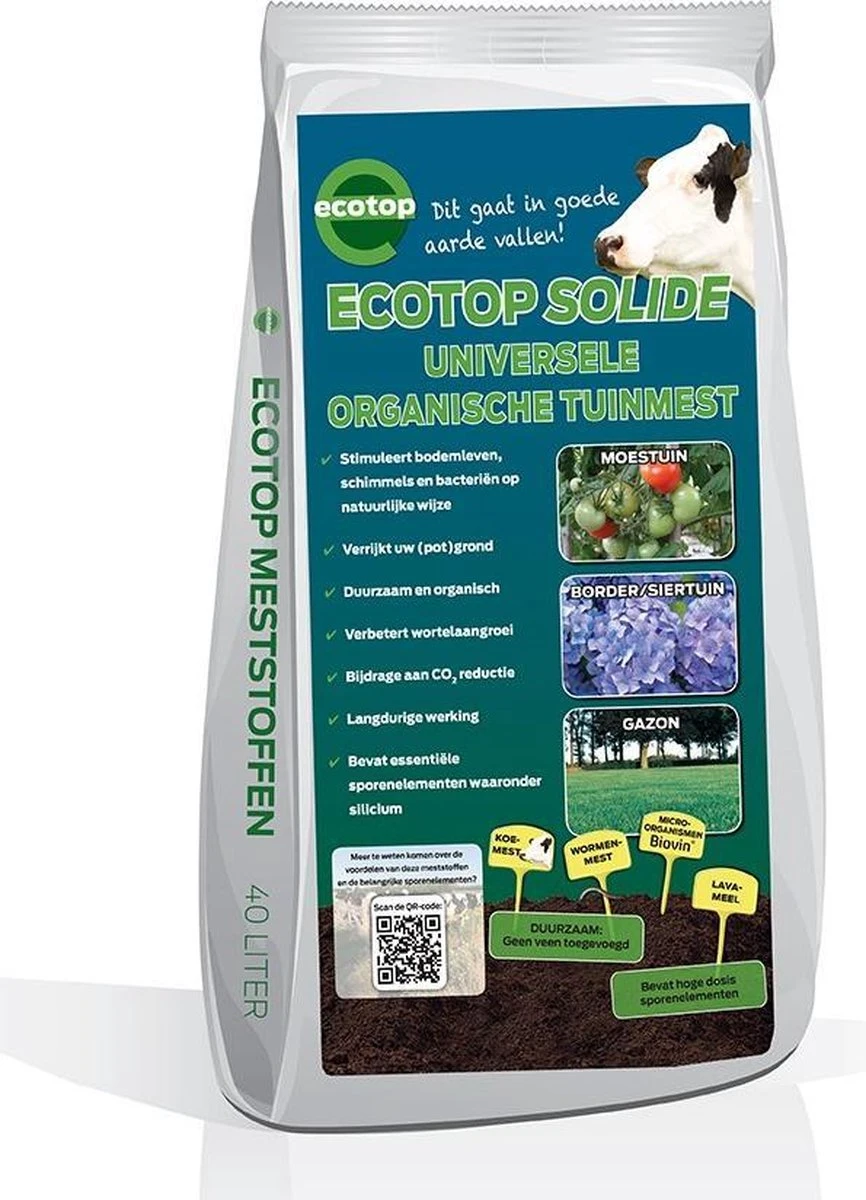 Ecotop Solide (Organisch / Tuinmest / Universeel). Meststof Op Basis Van Koemest Met Natuurlijke Toevoeging Van Wormenmest, Lavameel En Micro-organismen. Zak Ca. 40L.