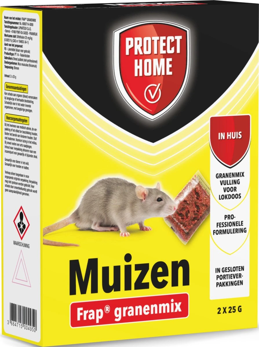 Protect Home Frap Granenmix Tegen Muizen - 2 X 25 Gram - Muis Bestrijdingsmiddel - Lokaas Muizenkorrels Voor Huismuizen - Professionele Formulering - In Portieverpakking - Afbeelding 2