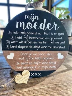 Merkloos Rond Tekstbord Met De Tekst Mijn Moeder Inclusief Houten Hartje Mama / 40 Cm - Moederdag - Verjaardag - Cadeau