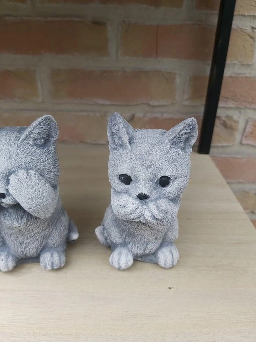 Kat Horen Zien Zwijgen Decoratief Beeld Katten 12cm Beton Kleur Gebroken Wit Katjes Poezen Poes - Afbeelding 2
