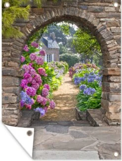 Tuinposter - Doorkijk - Hortensia - Bloemen - Huis - Tuin - 60x80 Cm - Schuttingdecoratie - Tuindoek