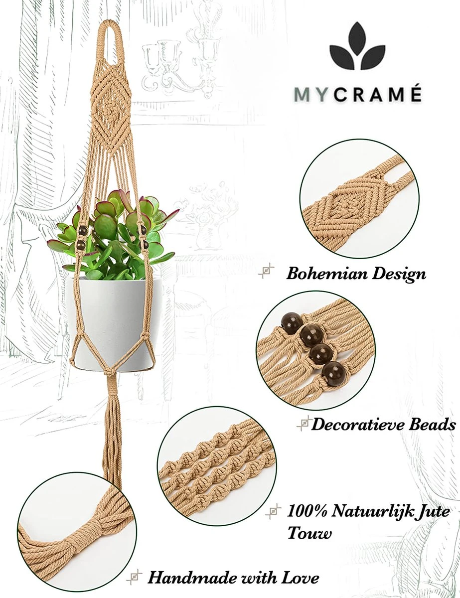 4 Stuks Luxe Jute Plantenhangers - Boho Handgeweven Katoen Hangpot Voor Binnen/Buiten - Hangende Bloempot Met Kralen - Macramé Touw/Koord Hangplant Houder - Bohemian Wandhanger Decoratie - Plant Hanger - Verticale Tuin Bloempothouder Planthanger - Afbeelding 5