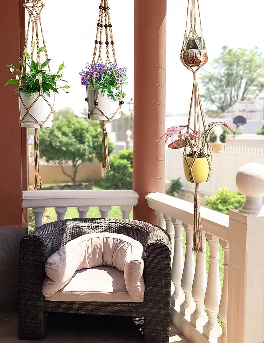 5 Stuks Jute Macrame Plantenhangers - Boho Handgeweven Katoen Hangpot Voor Binnen/Buiten - Hangende Bloempot Met Kralen - Macramé Touw/Koord Hangplant Houder - Bohemian Wandhanger Decoratie - Plant Hanger - Verticale Tuin Bloempothouder Planthanger - Afbeelding 2