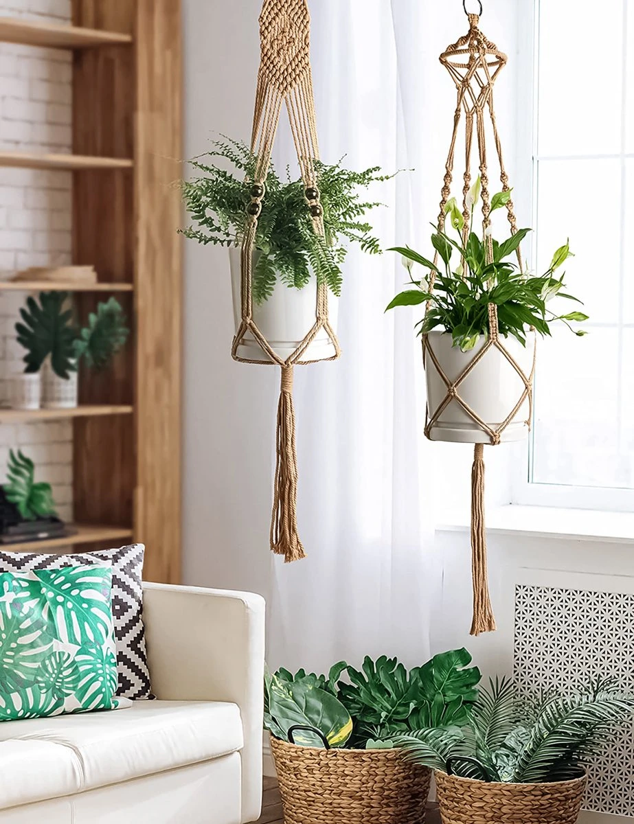 5 Stuks Jute Macrame Plantenhangers - Boho Handgeweven Katoen Hangpot Voor Binnen/Buiten - Hangende Bloempot Met Kralen - Macramé Touw/Koord Hangplant Houder - Bohemian Wandhanger Decoratie - Plant Hanger - Verticale Tuin Bloempothouder Planthanger - Afbeelding 3