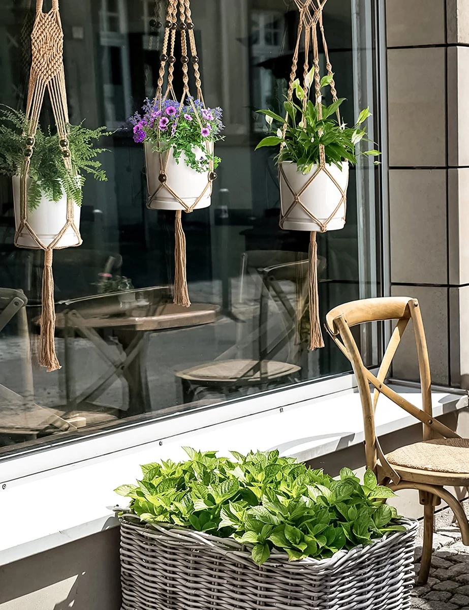 5 Stuks Jute Macrame Plantenhangers - Boho Handgeweven Katoen Hangpot Voor Binnen/Buiten - Hangende Bloempot Met Kralen - Macramé Touw/Koord Hangplant Houder - Bohemian Wandhanger Decoratie - Plant Hanger - Verticale Tuin Bloempothouder Planthanger - Afbeelding 5
