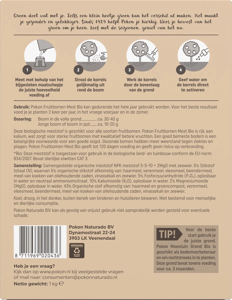 Pokon Bio Fruitbomen Mest - 1kg - Meststof (biologisch) - 120 Dagen Voeding - Afbeelding 5