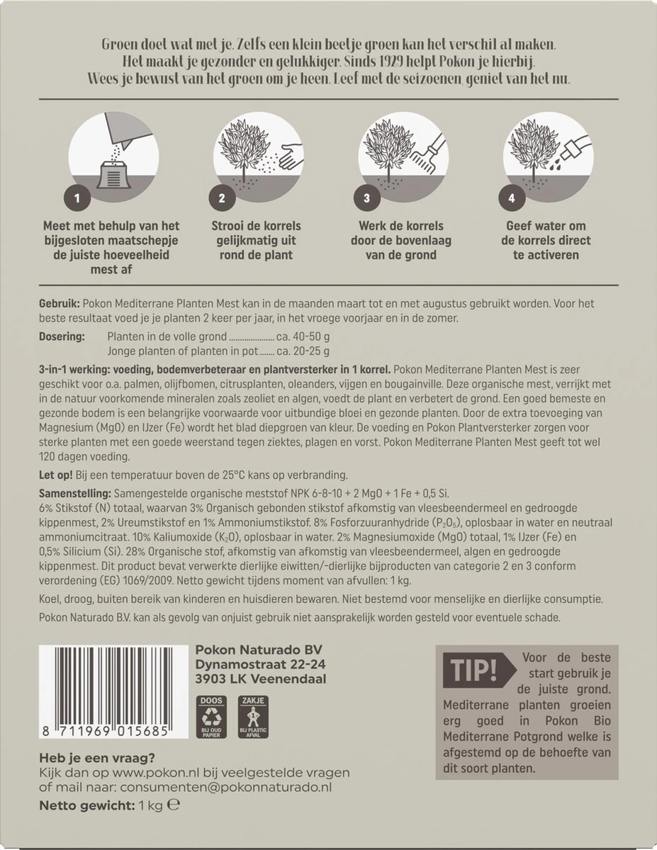 Pokon Mediterrane Planten Mest - 1kg - Meststof - 3-in-1 Werking - Afbeelding 2