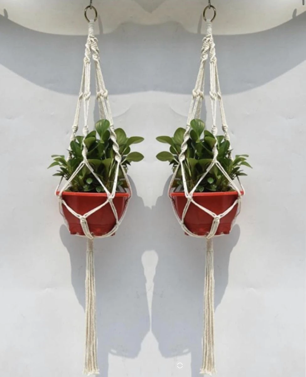 Merkloos Plantenhanger Macramé - Luxe Gevlochten Touw Katoen - 2 Stuks - Plantenpot Ophangen - Afbeelding 4
