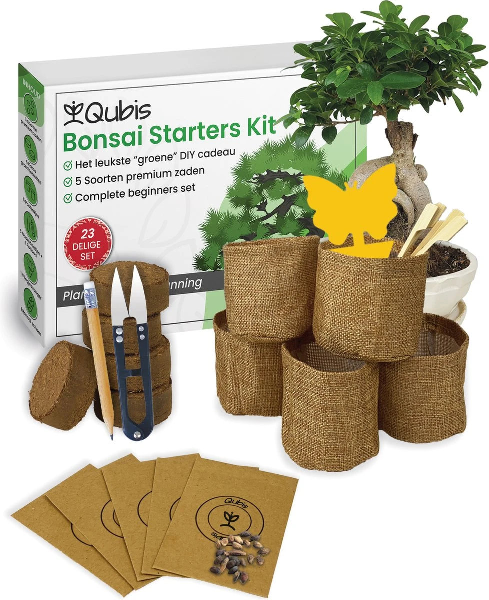 Qubis Bonsai Starters Kit - 23 Delige Kweekset - 5 Soorten Premium Zaden - DIY Pakket - Binnen Bonsai Boompje Kweken - Incl. Rouwvliegjes Vanger